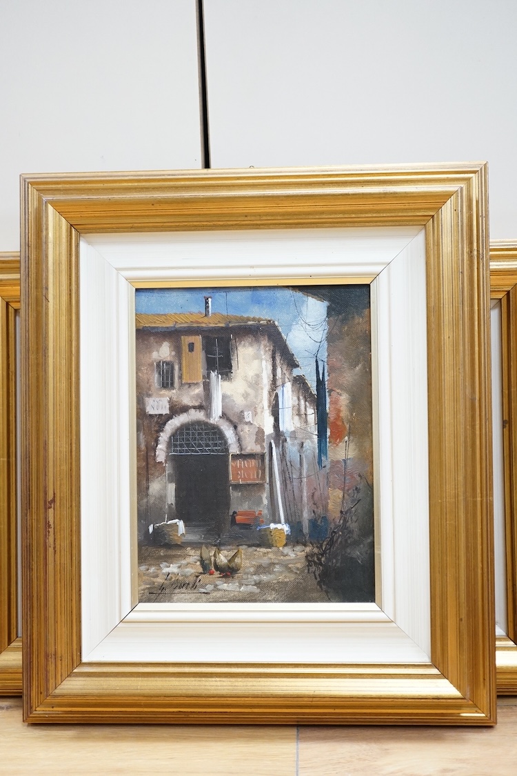 Guido Borelli (Italian, b.1952), set of five oils on board to include ‘Scena Di Villaggio’ and ‘Scorcio Venegiauo’, each signed, some with details verso, largest 17 x 29cm. Condition - fair to good